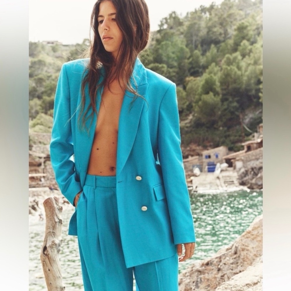 ZARA Turquoise Double-Breasted Blazer